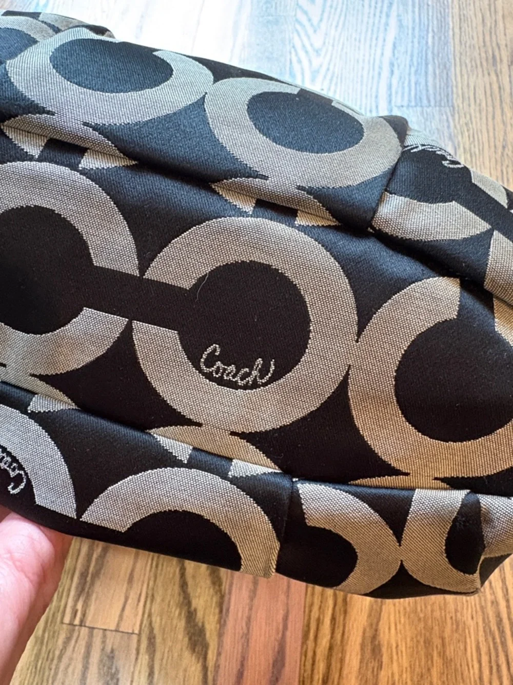 Coach Madison Sophia Satchel bag in black Op Art lured fabric w/leather trim